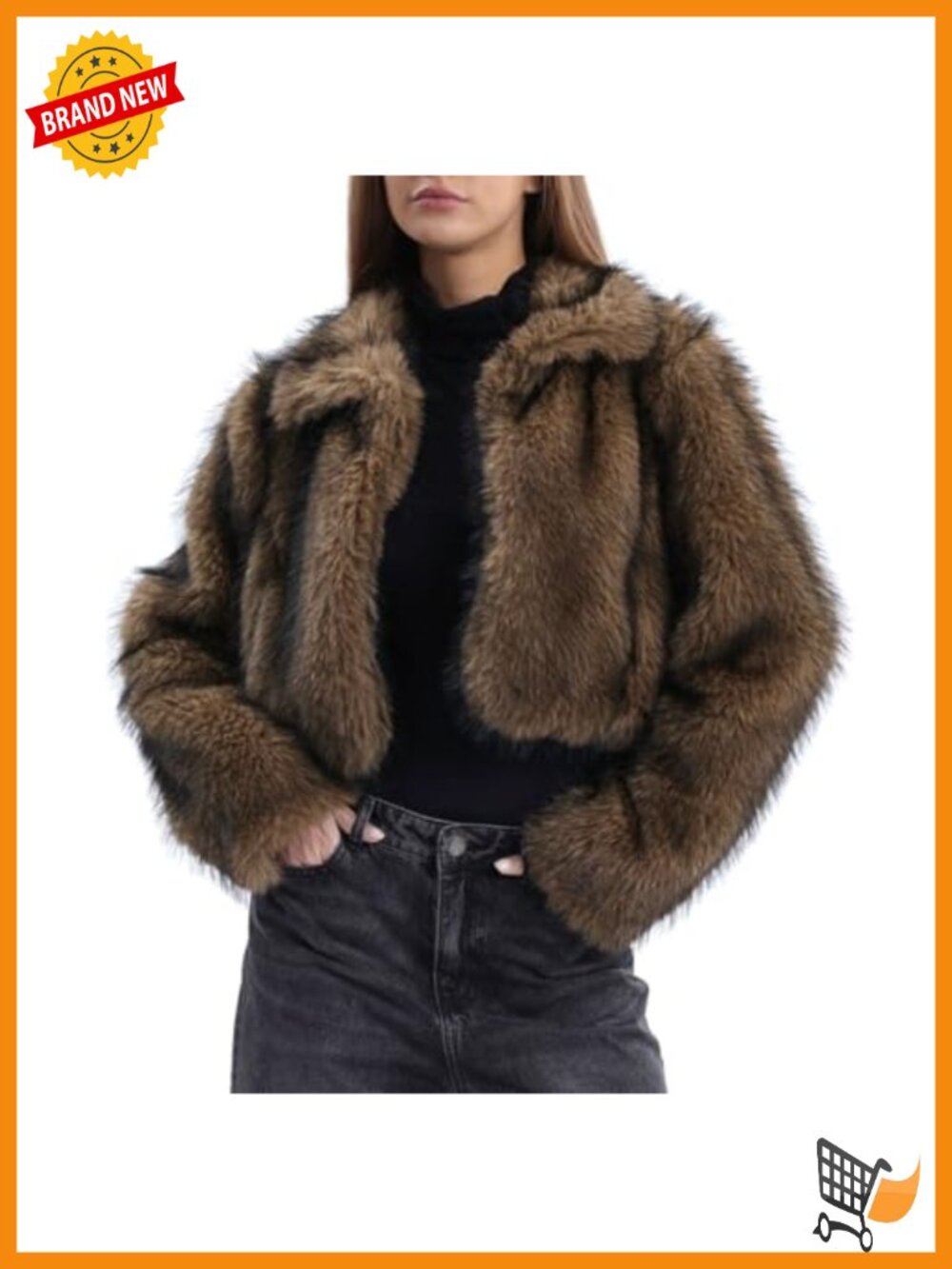 Faux Fur Cropped Open-Front Winter Coat Warm Collar Long Sleeve Jacket